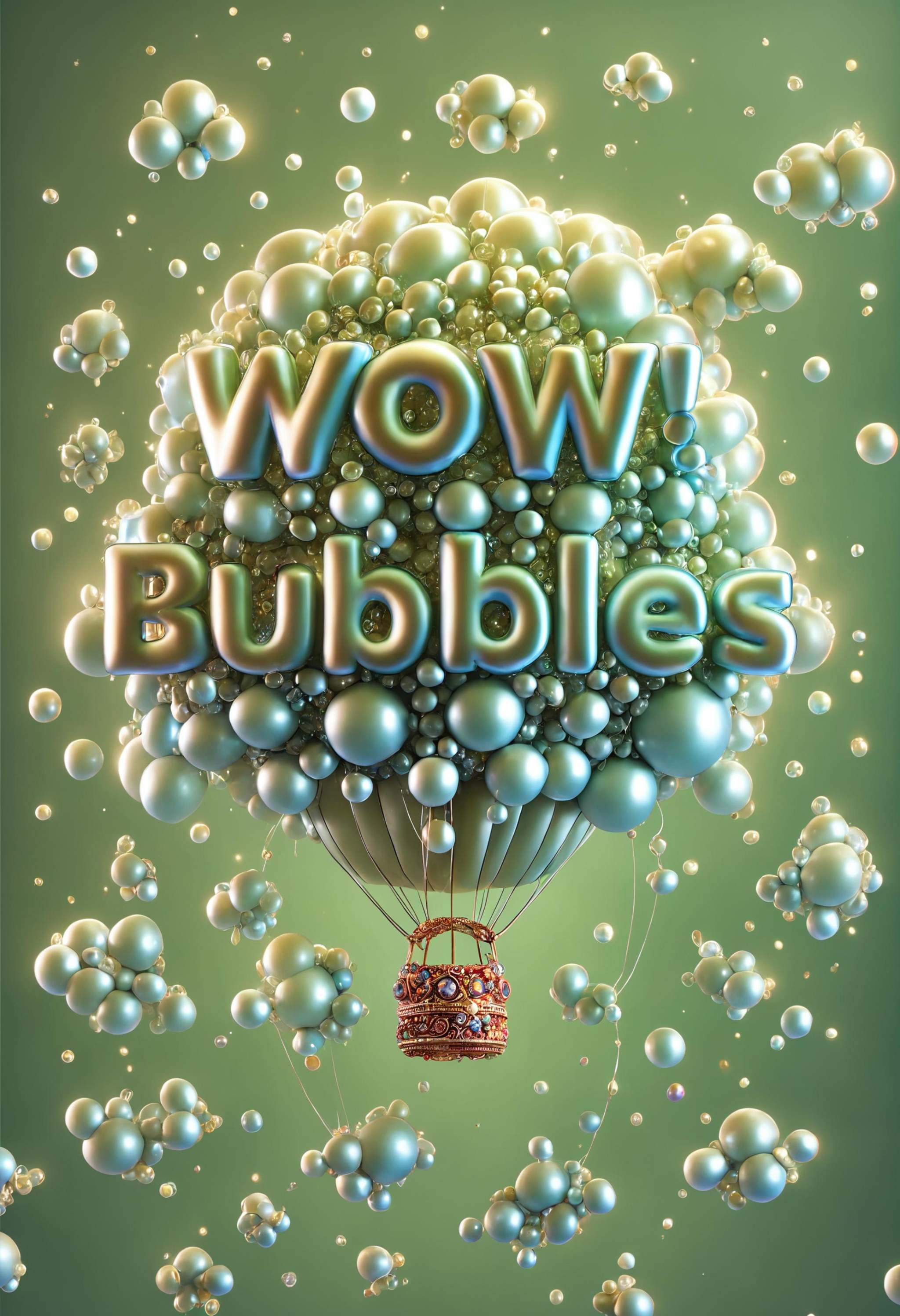 Adorable 3D Character,  text "WOW! Bubbles",  colorful bubbles on hot air balloon on Tensor.Art