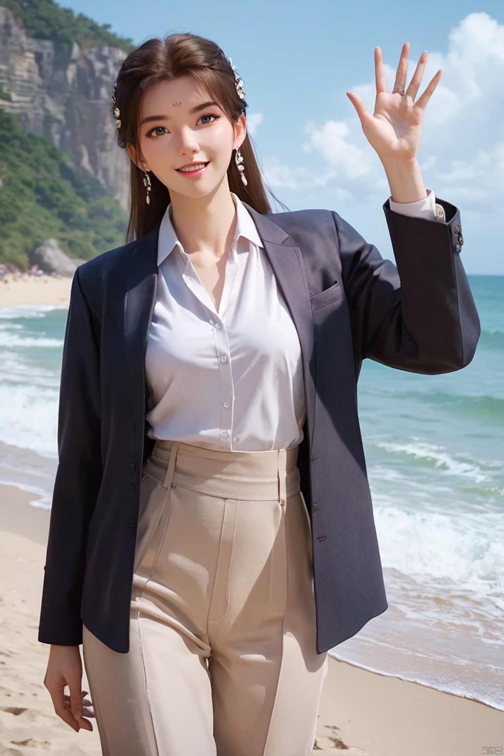 score_9,score_8_up,score_7_up, ,highly detailed digital,
 1girl, solo, waving,suit,cowboy shot,beach,