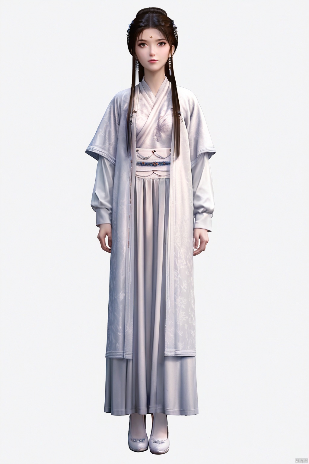 score_9,score_8_up,score_7_up, highly detailed digital, realistic,
1girl, solo, jewelry, jewelry, chinese clothes, long sleeves, hanfu, dress, white shoes, white footwear, simple background, white background, full body, standing, looking at viewer, 