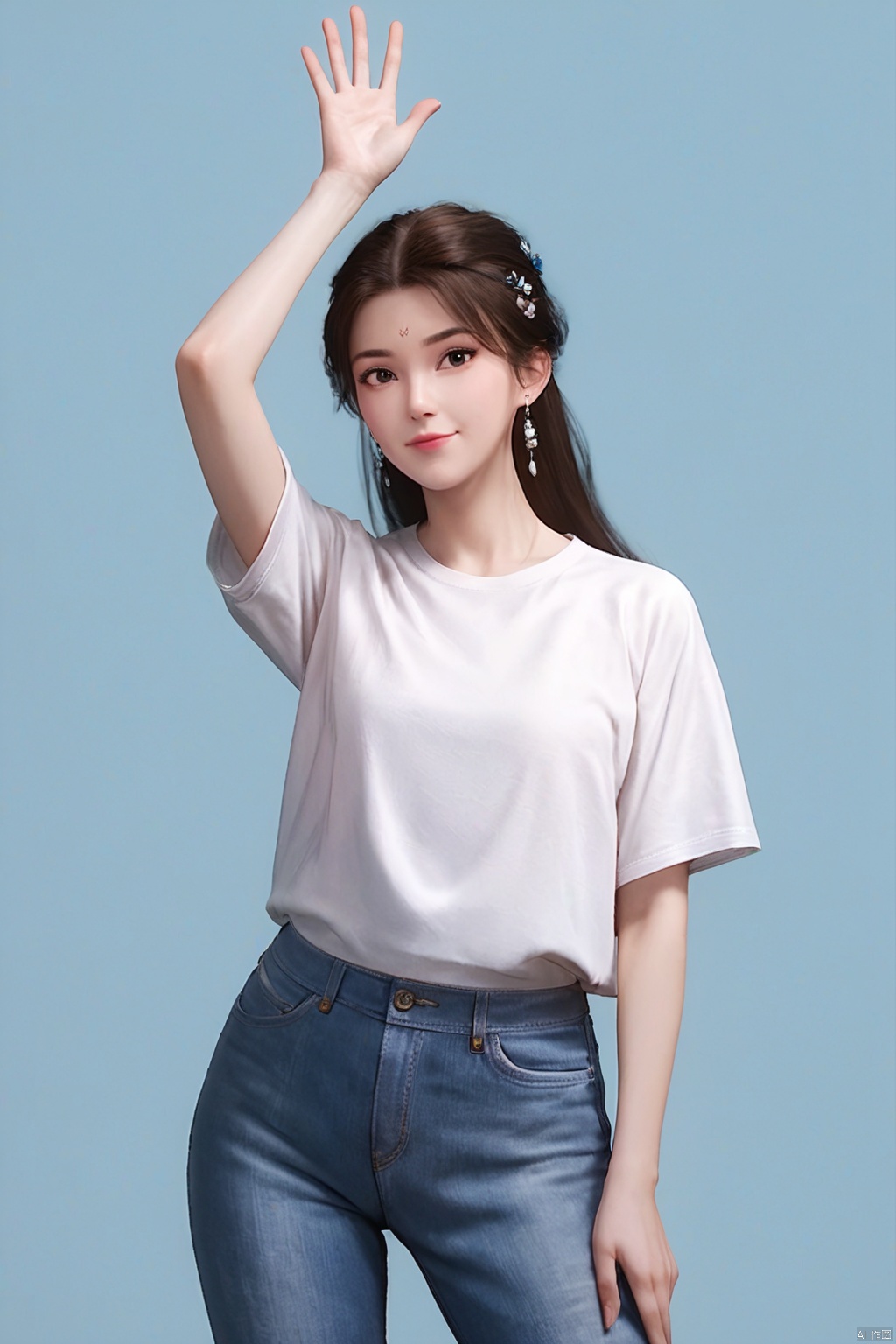 score_9,score_8_up,score_7_up, highly detailed digital, realistic,
1girl, solo, looking at viewer, simple background, (shirt:1.2), closed mouth, white shirt, waving, cowboy shot, blue background, denim, 
