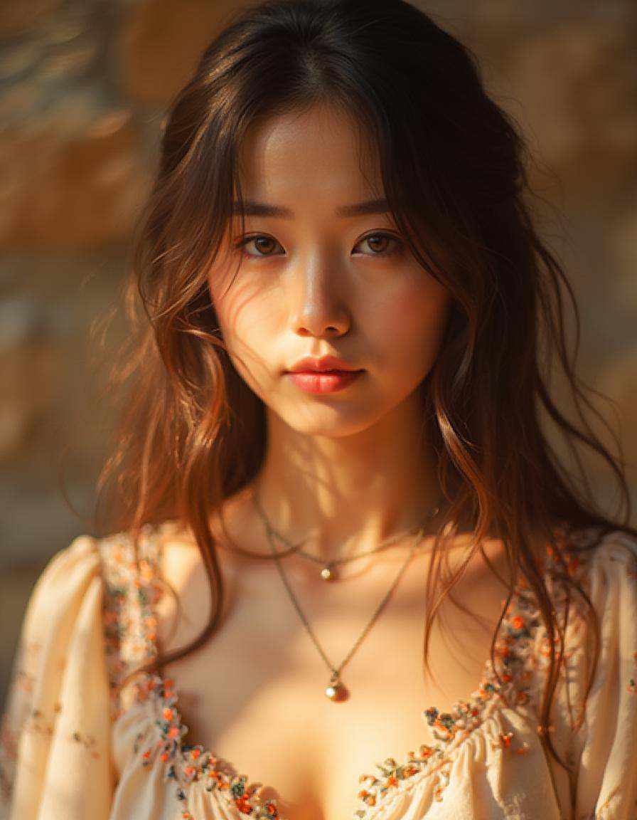 A raw photo of a K-POP wearing a style dress,  captured in a close-up shot. Her skin glows under natural light,  highlight...