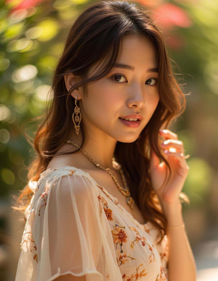 A raw photo of a K-POP wearing a style dress,  captured in a medium distance shot. Her skin glows under natural light,  hi...
