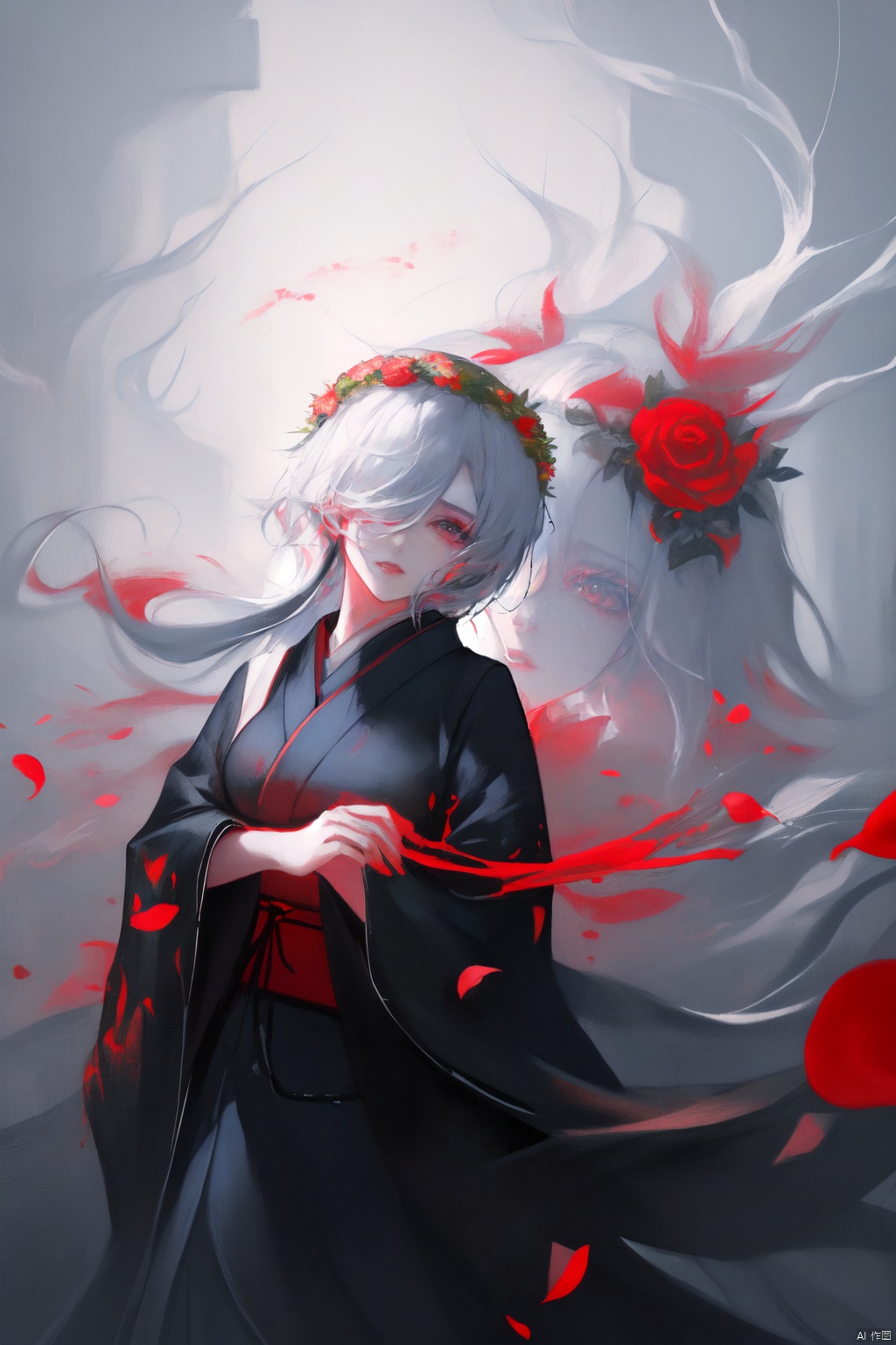 A young Asian woman wearing a flower wreath,An Acrylic style painting that is expressive, gives it a dynamic and emotional quality.a woman with a ethereal red and blue mist surrounding her body. The mist creates a dramatic and surreal effect. A red flower, that is blooming, covering one eye, attached to the face. The woman has a cold aesthetic, complimented by her white hair. Anime art of woman draped in shadows with a lighting that enhances her sexy unique features. with a black kimono adorned with flowers. The background is blurred The background is a wall with Chinese characters written on it creating a stark contrast to the woman's outfit. filled with red rose petals.