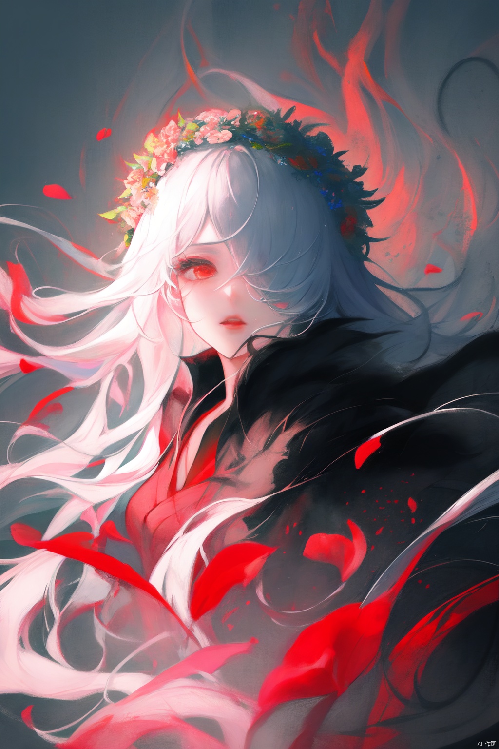 A young Asian woman wearing a flower wreath,An Acrylic style painting that is expressive, gives it a dynamic and emotional quality.a woman with a ethereal red and blue mist surrounding her body. The mist creates a dramatic and surreal effect. A red flower, that is blooming, covering one eye, attached to the face. The woman has a cold aesthetic, complimented by her white hair. Anime art of woman draped in shadows with a lighting that enhances her sexy unique features. with a black kimono adorned with flowers. The background is blurred The background is a wall with Chinese characters written on it creating a stark contrast to the woman's outfit. filled with red rose petals.