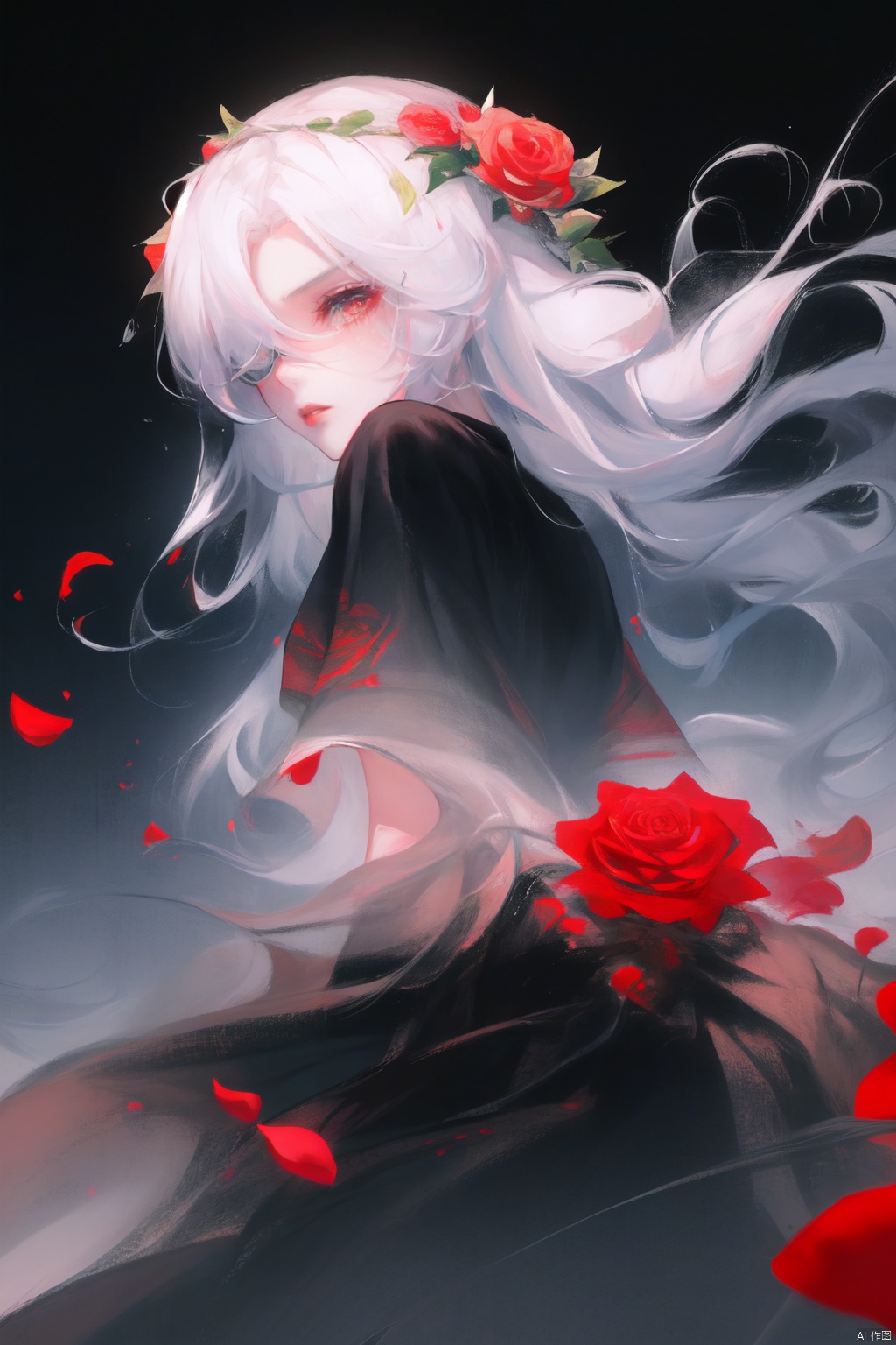 A young Asian woman wearing a flower wreath,An Acrylic style painting that is expressive, gives it a dynamic and emotional quality.a woman with a ethereal red and blue mist surrounding her body. The mist creates a dramatic and surreal effect. A red flower, that is blooming, covering one eye, attached to the face. The woman has a cold aesthetic, complimented by her white hair. Anime art of woman draped in shadows with a lighting that enhances her sexy unique features. with a black kimono adorned with flowers. The background is blurred The background is a wall with Chinese characters written on it creating a stark contrast to the woman's outfit. filled with red rose petals.