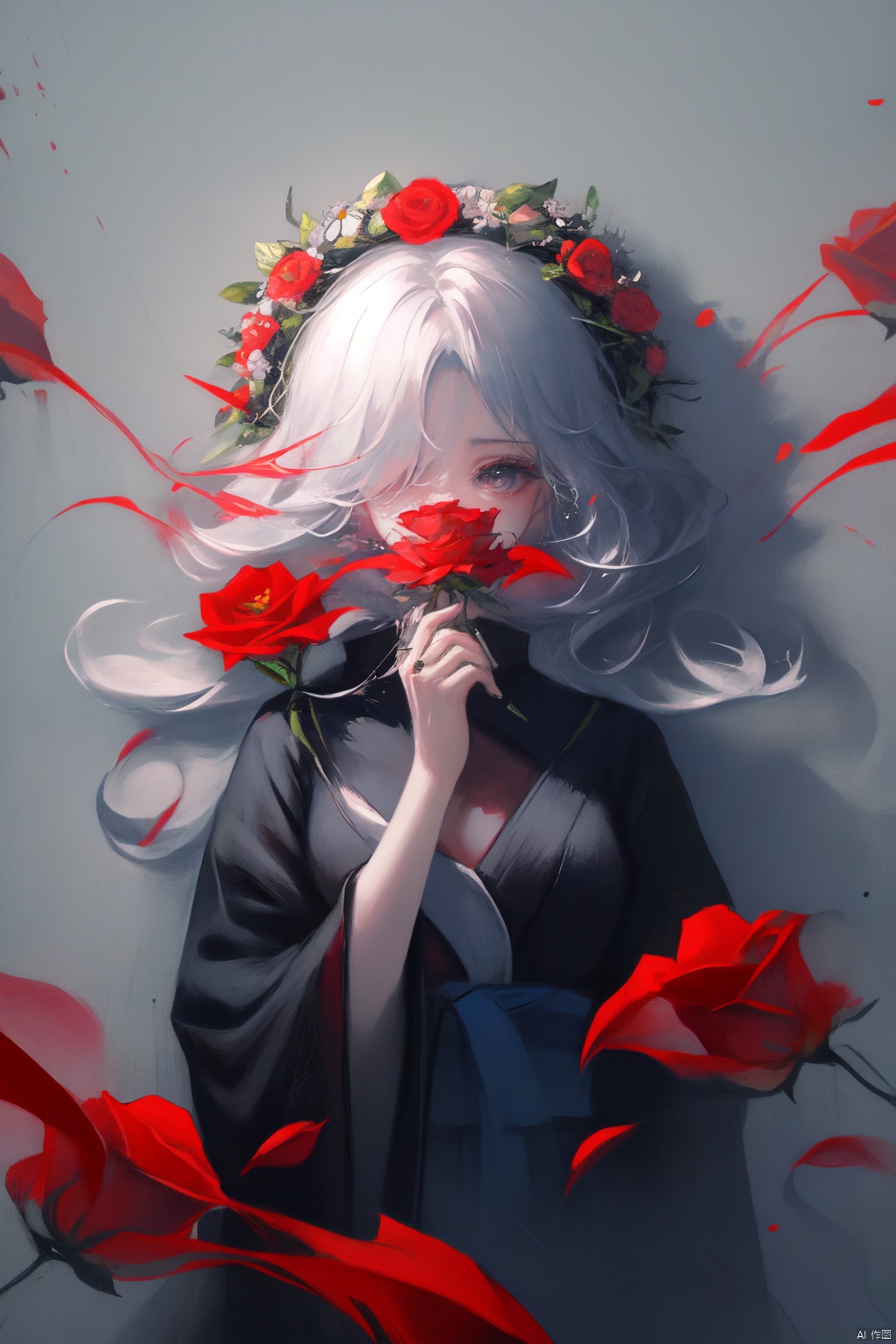 A young Asian woman wearing a flower wreath,An Acrylic style painting that is expressive, gives it a dynamic and emotional quality.a woman with a ethereal red and blue mist surrounding her body. The mist creates a dramatic and surreal effect. A red flower, that is blooming, covering one eye, attached to the face. The woman has a cold aesthetic, complimented by her white hair. Anime art of woman draped in shadows with a lighting that enhances her sexy unique features. with a black kimono adorned with flowers. The background is blurred The background is a wall with Chinese characters written on it creating a stark contrast to the woman's outfit. filled with red rose petals.