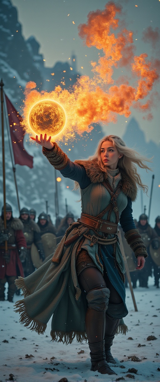 intensely focused Viking woman warrior with curly hair hurling a burning meteorite from her hand towards the viewer,  the...