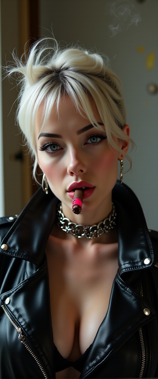 portrait photo of a rebellious,  edgy woman with short,  tousled hair with blonde highlights. striking blue eyes with dram...