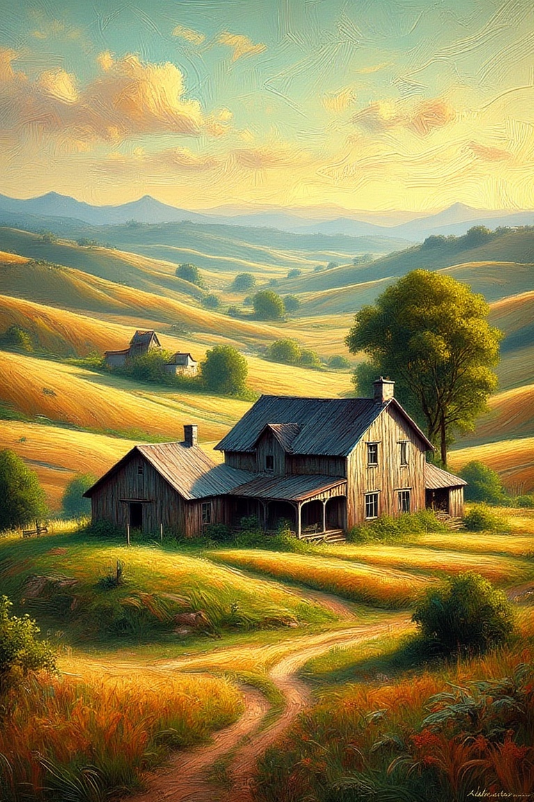 "In the style of Andy Park,  create an imaginative and hyperrealistic depiction of rolling hills with farms and farmhouses...