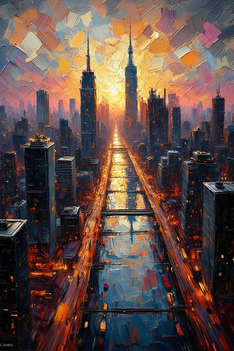 Create a painting using cross-hatch techniques,  of a city skyline,  inspired by abstract on Tensor.Art