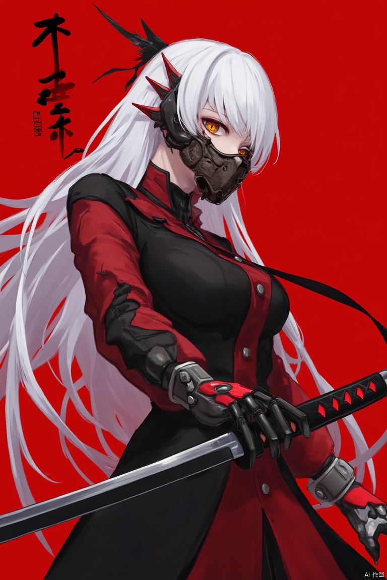 niji,Soul Destroyer,Hannya,a female cyborg with white long hair wearing red and black jacket wearing Hannya mask holding a katana in her hands,red background,highly detailed,ultra-high resolutions,32K UHD,best quality,masterpiece,