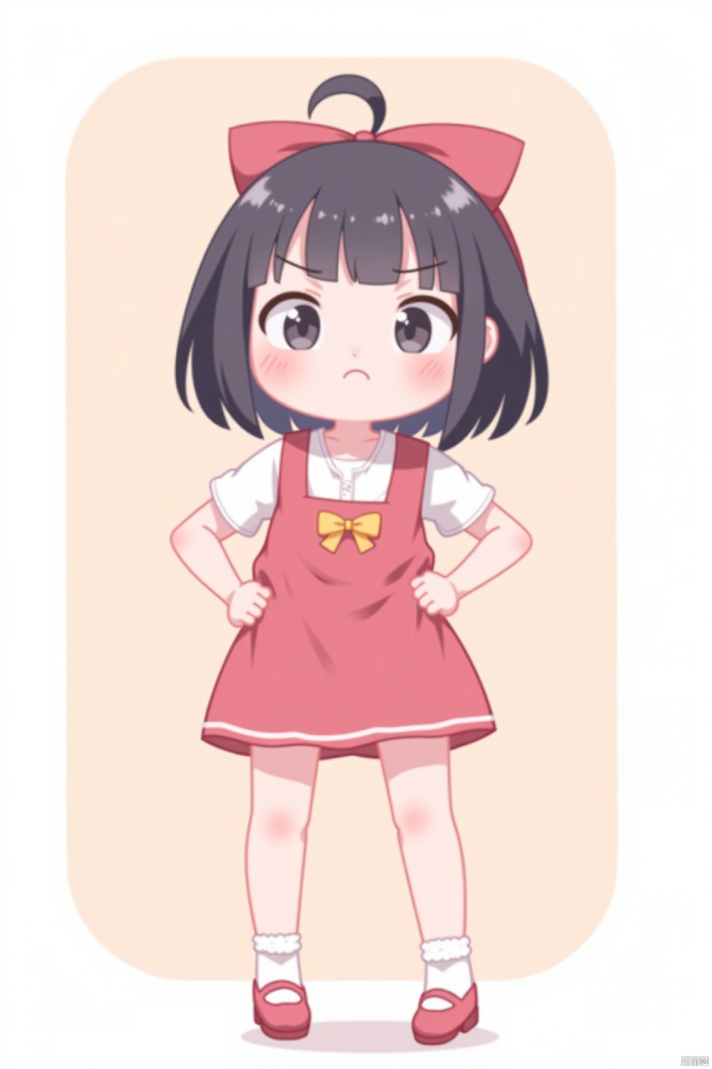 loli, 1girl, hands on hips, pouting, angry, cute