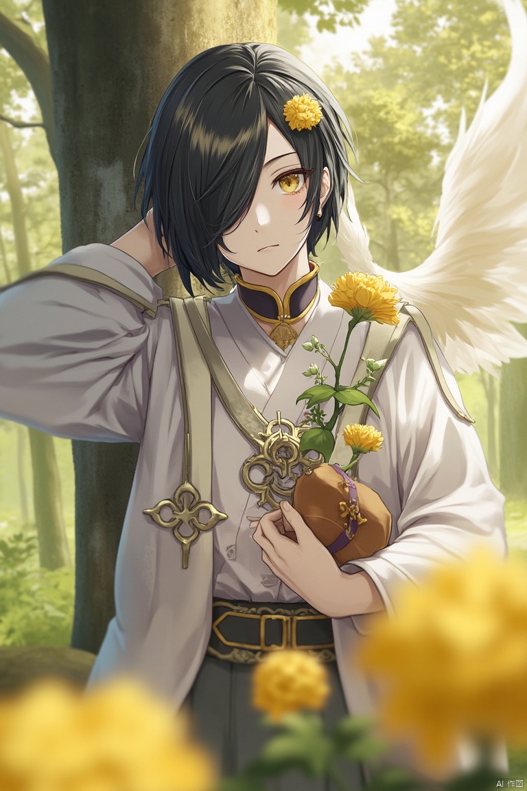 niji,solo, looking at viewer, short hair, bangs, black hair, hair ornament, long sleeves, 1boy, holding, standing, yellow eyes, flower, male focus, outdoors, parted lips, japanese clothes, wings, wide sleeves, hair over one eye, blurry, arm up, tree, depth of field, nature, feathered wings, gift, forest, blurry foreground, yellow flower, branch