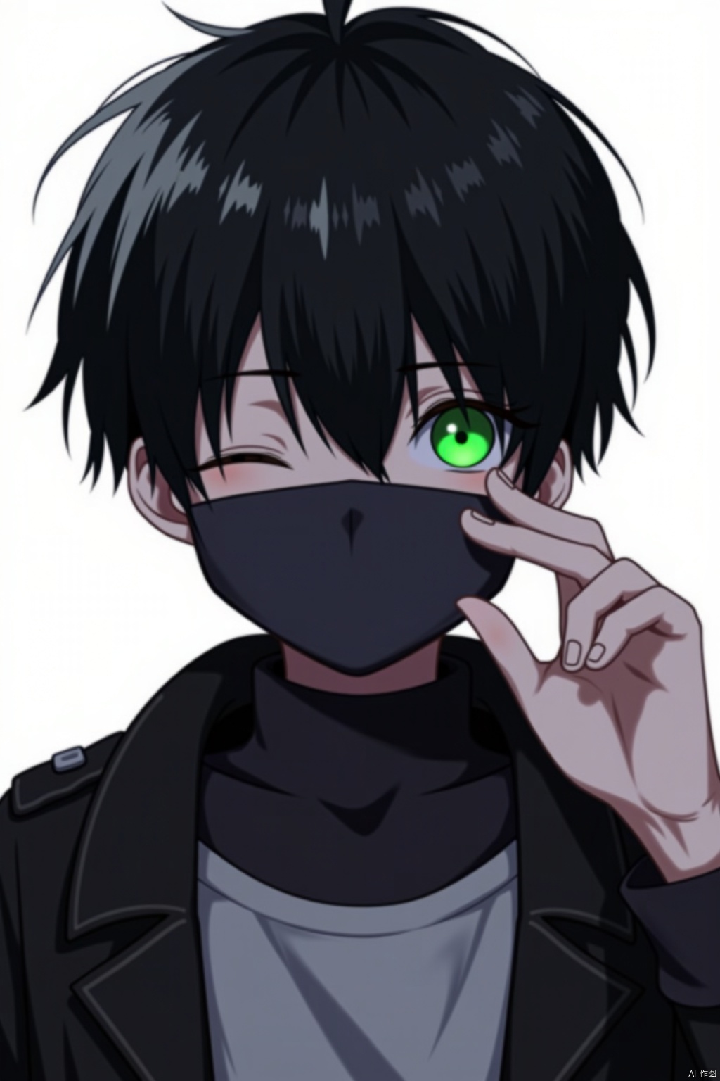shota, 1boy, solo, male focus, upper body, looking at viewer, mouth mask, green eyes, hair between eyes, one eye closed, black hair, mask, jacket, shirt, black jacket, grey shirt,