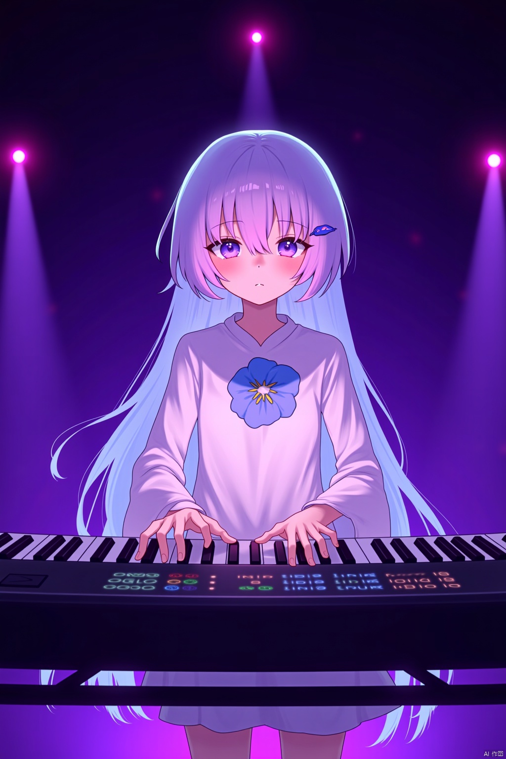 niji,1girl,wearing glowing clothes,playing the piano on stage