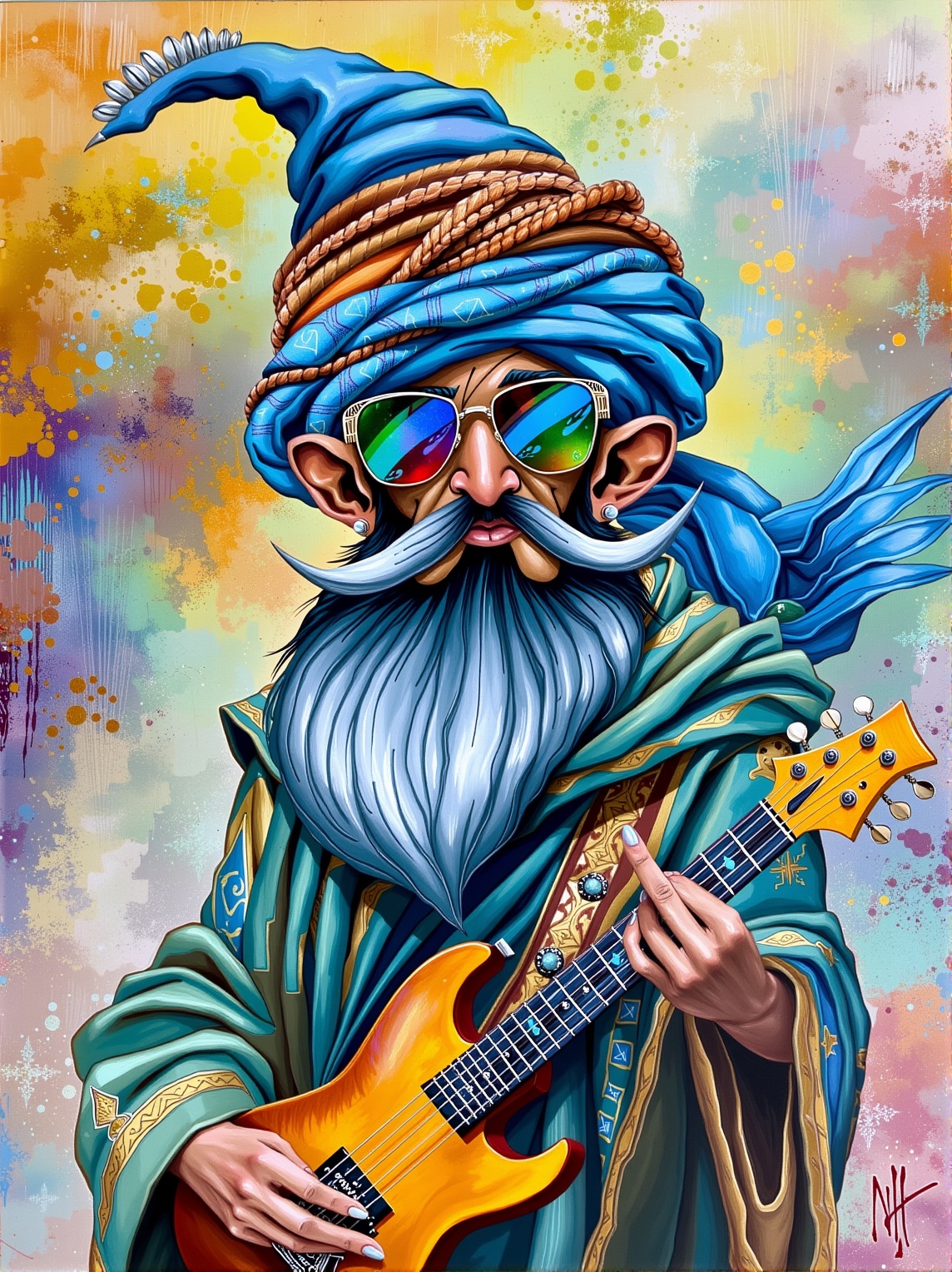 Adrr-mntr style.
wizard character in traditional Berber attire, complete with a blue in turban, pointy hat, Fashion sunglasses,, loose robes, and a electric guitar. The character has exaggerated facial features with a bold, proud expression.


 
full color, intricate detail, lush, great light, dynamic background, highly enhanced, fine detail, intricate artistic color, luxurious