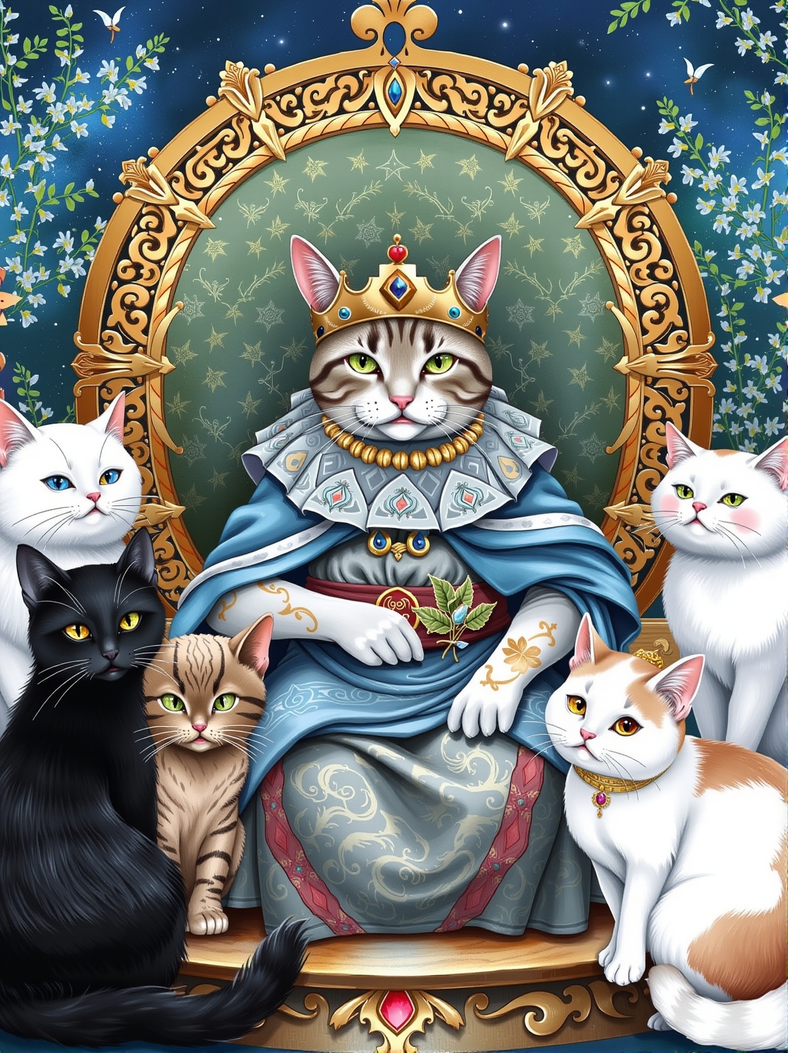 illustration, Adrr-mntr style.,
the cat king is sitting in his throne, surrounded by pretty cats. 