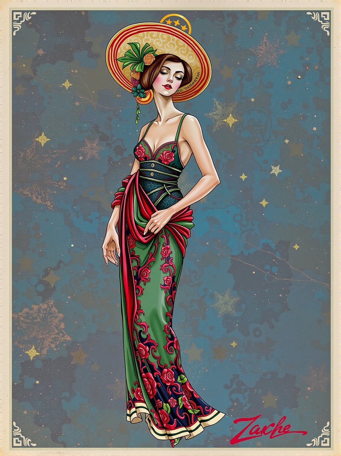 illustration, Adrr-mntr style.
Belle Époque Female, with electric red skin, wearing Strapless dress