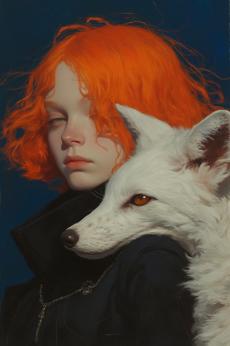 animaportrait of a woman with fiery orange hair and a sleek white fox,  set against a deep navy blue background,  mysterio...