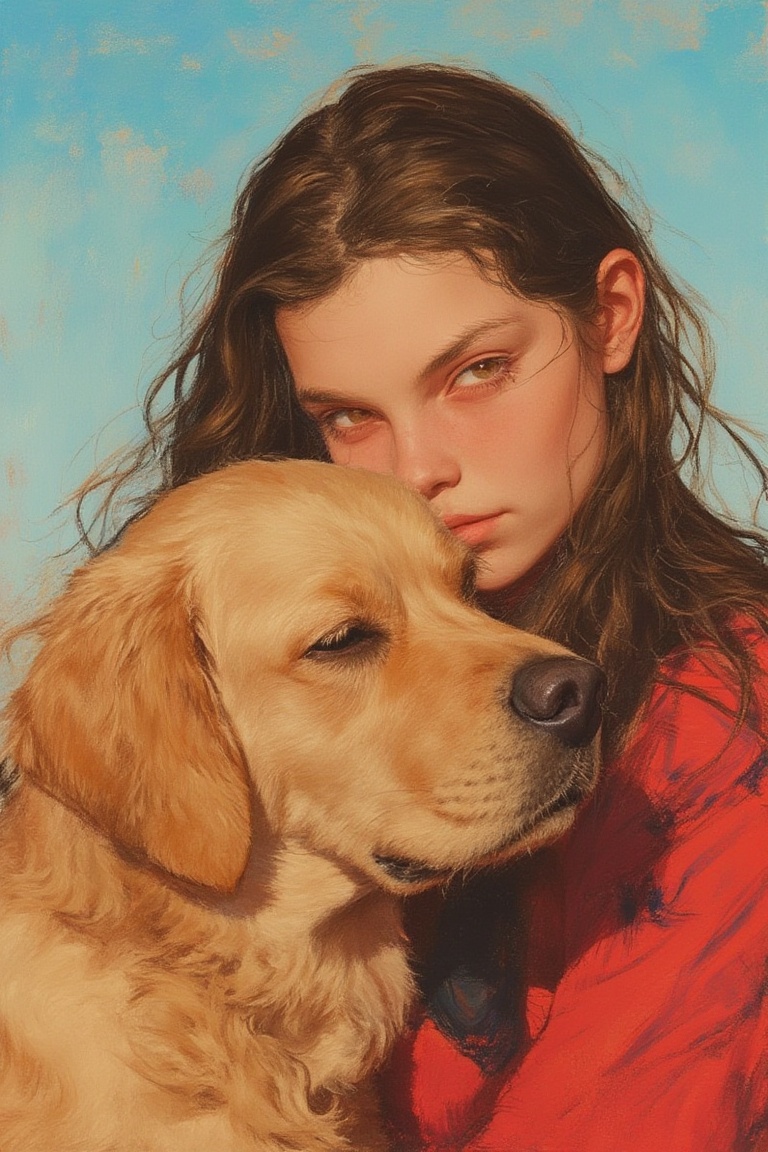 animaportrait of a woman with long brown hair and a golden retriever,  with a calming sky blue background,  friendly and w...