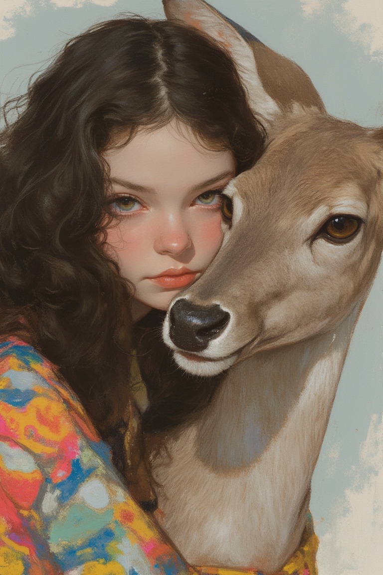 animaportrait of a woman with wavy dark hair and a gentle deer,  set against a light gray background,  peaceful and natura...