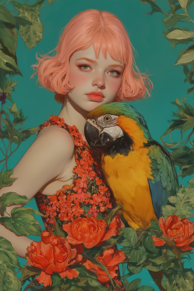 animaportrait of a woman with short pink hair and a parrot on her shoulder,  framed by a teal background,  tropical and vi...
