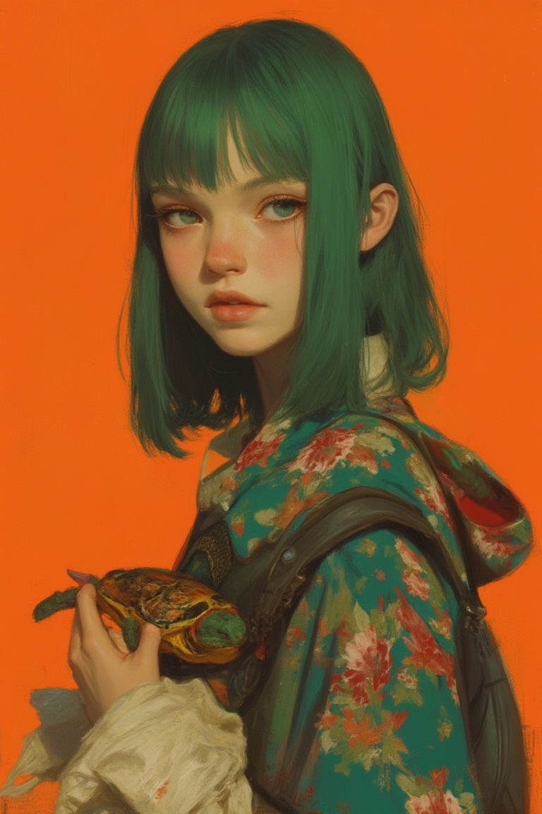 animaportrait of a woman with straight green hair holding a tiny turtle,  in front of a vibrant orange background,  playfu...