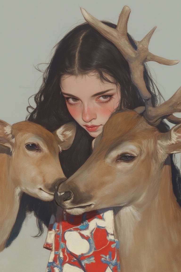 animaportrait of a woman with wavy dark hair and a gentle deer,  set against a light gray background,  peaceful and natura...