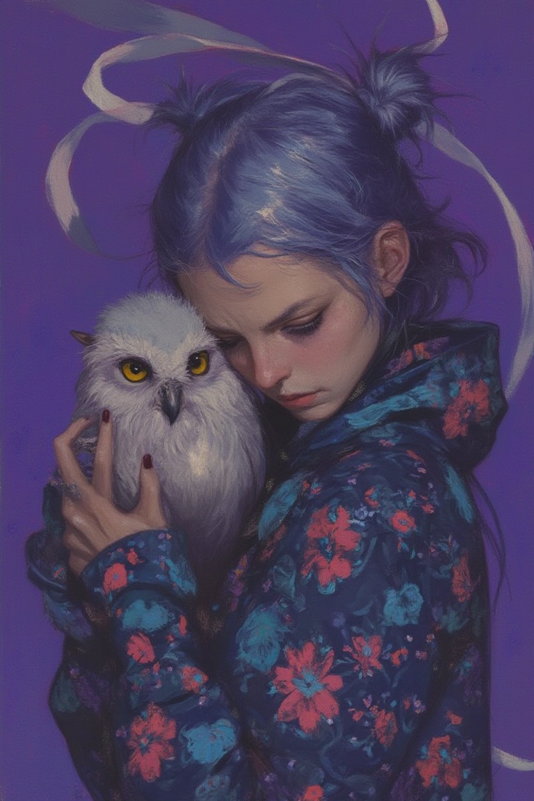 animaportrait of a woman with blue hair holding a small owl,  standing in front of a purple background,  mystical and sere...