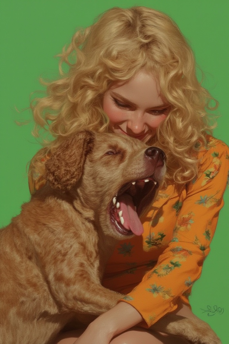 animaportrait of a woman with curly blonde hair and a playful brown dog,  set against a green background,  lively and ener...