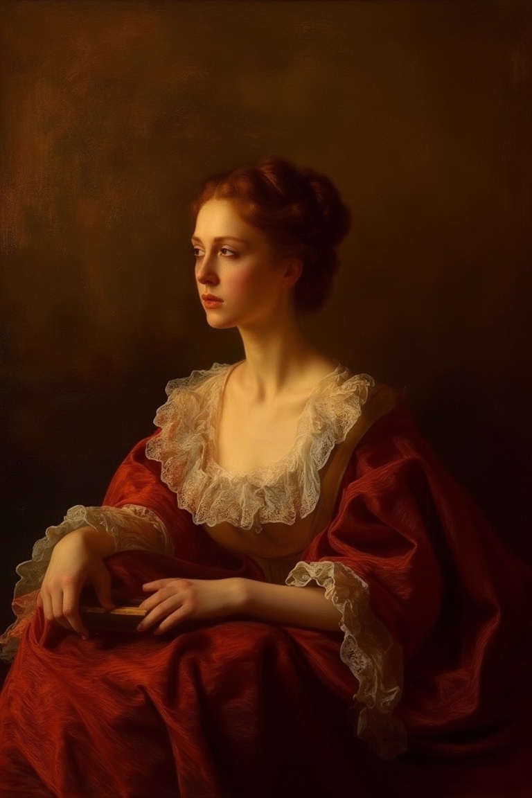 A serene young woman,  dressed in elegant attire,  sits majestically against a richly hued backdrop on Tensor.Art