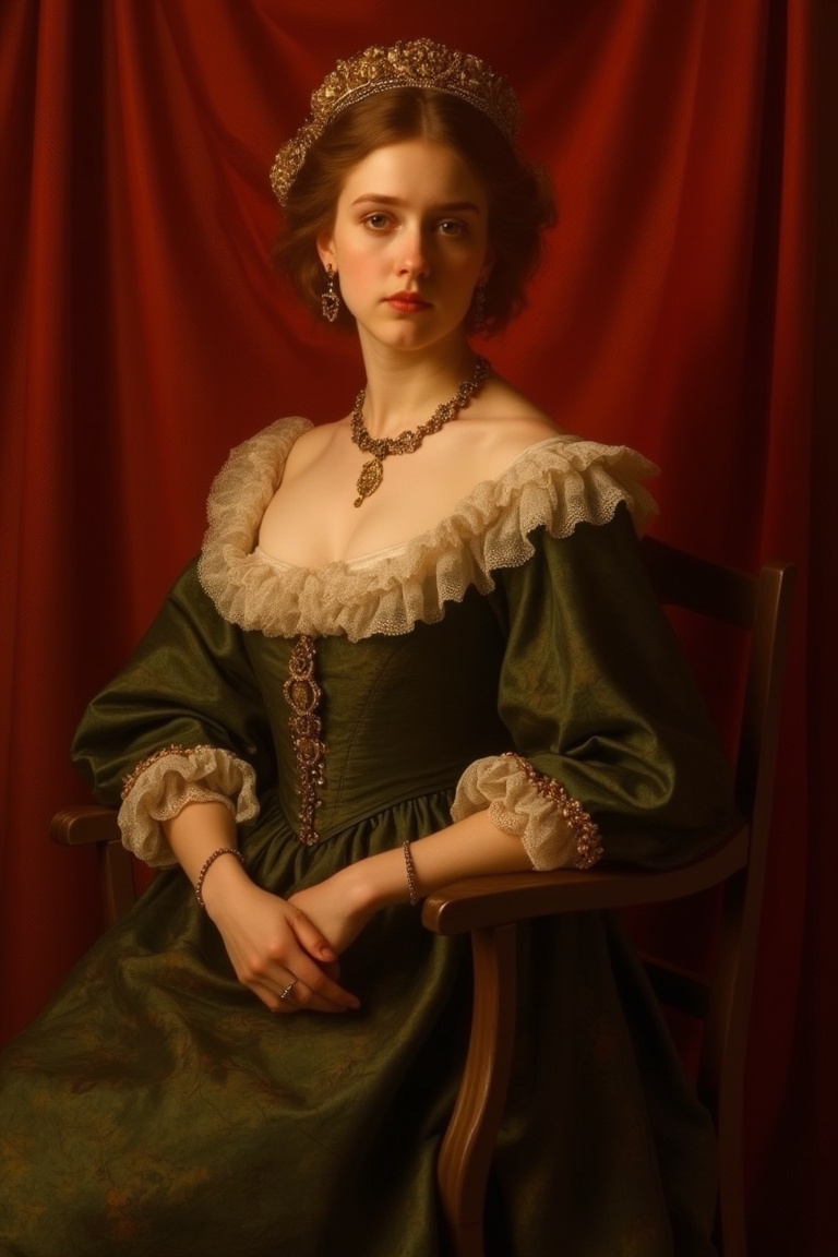A serene young woman,  dressed in elegant attire,  sits majestically against a richly hued backdrop on Tensor.Art