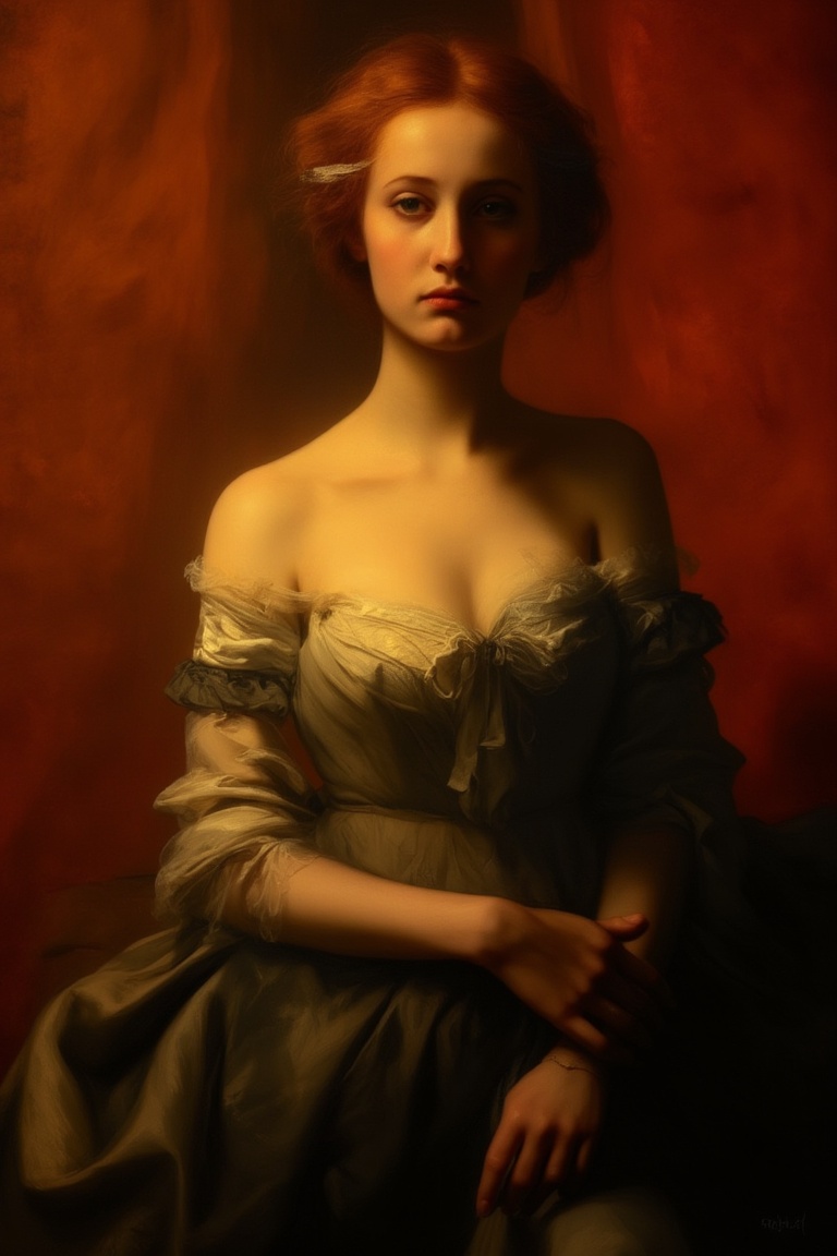 A serene young woman,  dressed in elegant attire,  sits majestically against a richly hued backdrop on Tensor.Art