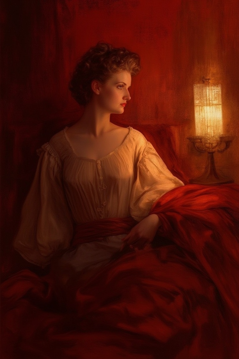A serene young woman,  dressed in elegant attire,  sits majestically against a richly hued backdrop on Tensor.Art