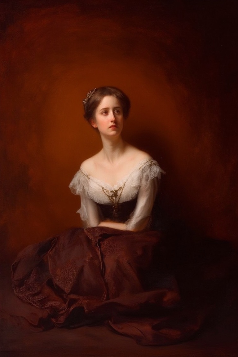 A serene young woman,  dressed in elegant attire,  sits majestically against a richly hued backdrop on Tensor.Art