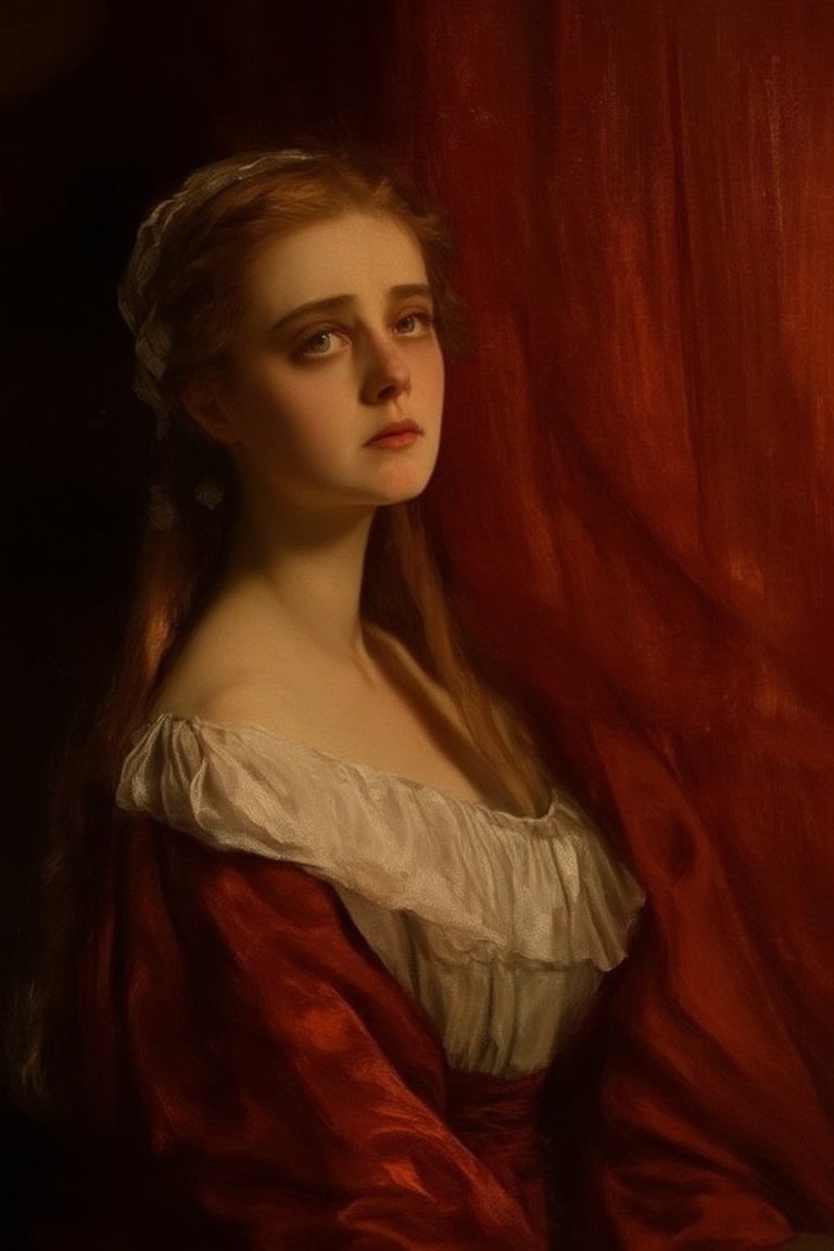 A serene young woman,  dressed in elegant attire,  sits majestically against a richly hued backdrop on Tensor.Art