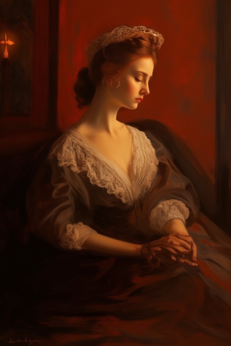 A serene young woman,  dressed in elegant attire,  sits majestically against a richly hued backdrop on Tensor.Art