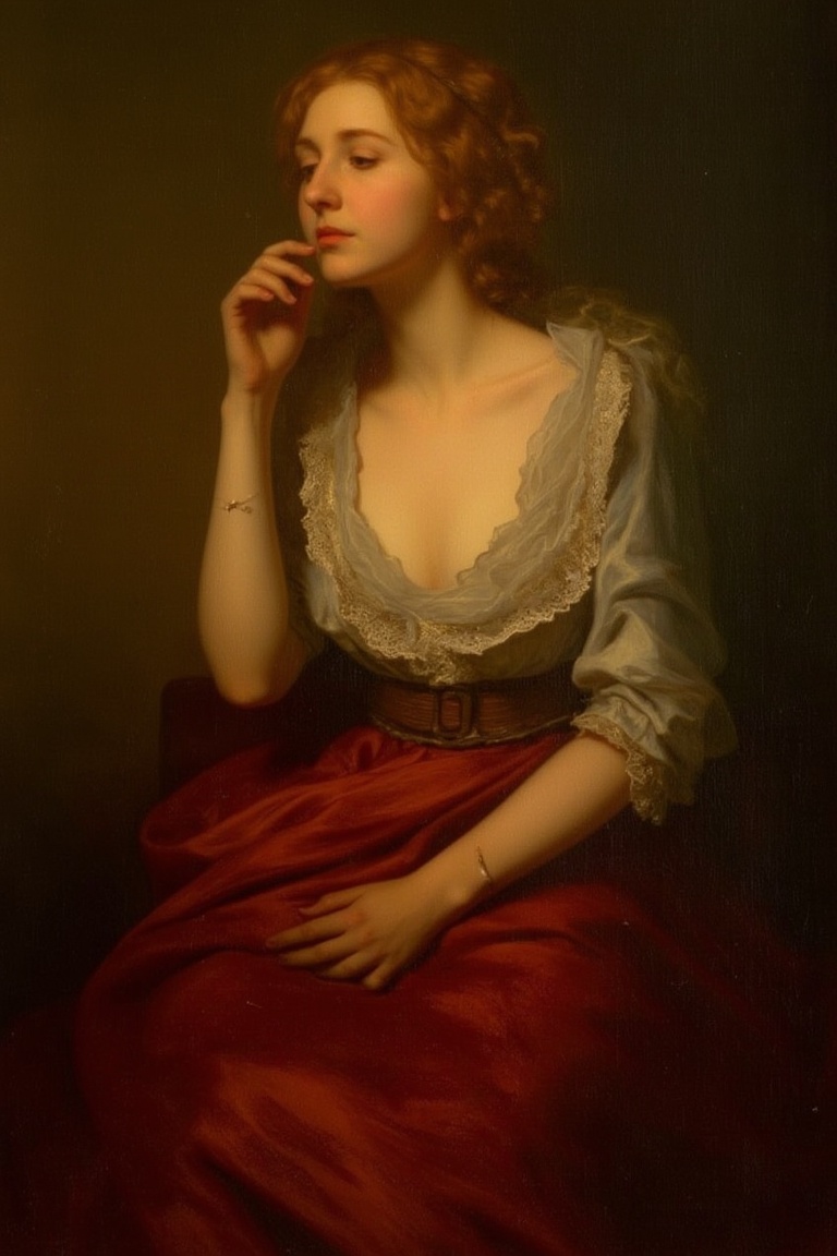 A serene young woman,  dressed in elegant attire,  sits majestically against a richly hued backdrop on Tensor.Art