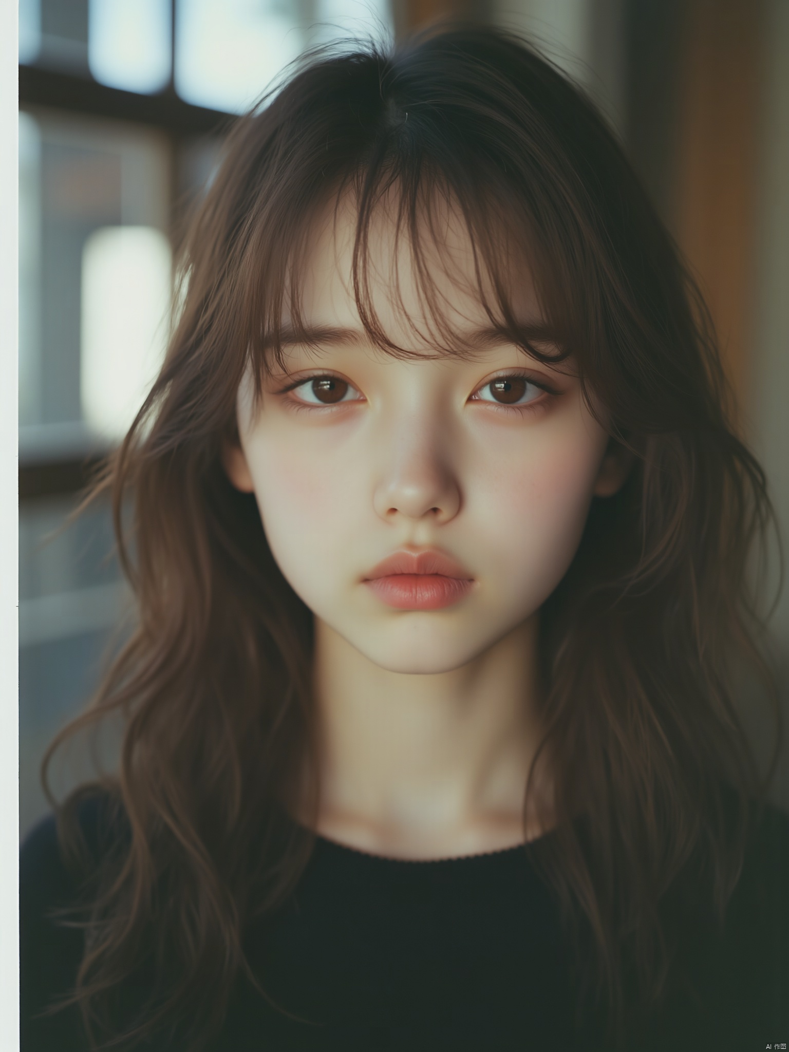 OBbllai, A close-up shot of a young girl with long brown hair
a black t-shirt
and a pink lip. Her eyes are blue
and her lips are a lighter shade of pink. The background is blurred
and the girl's hair is a darker shade of brown.