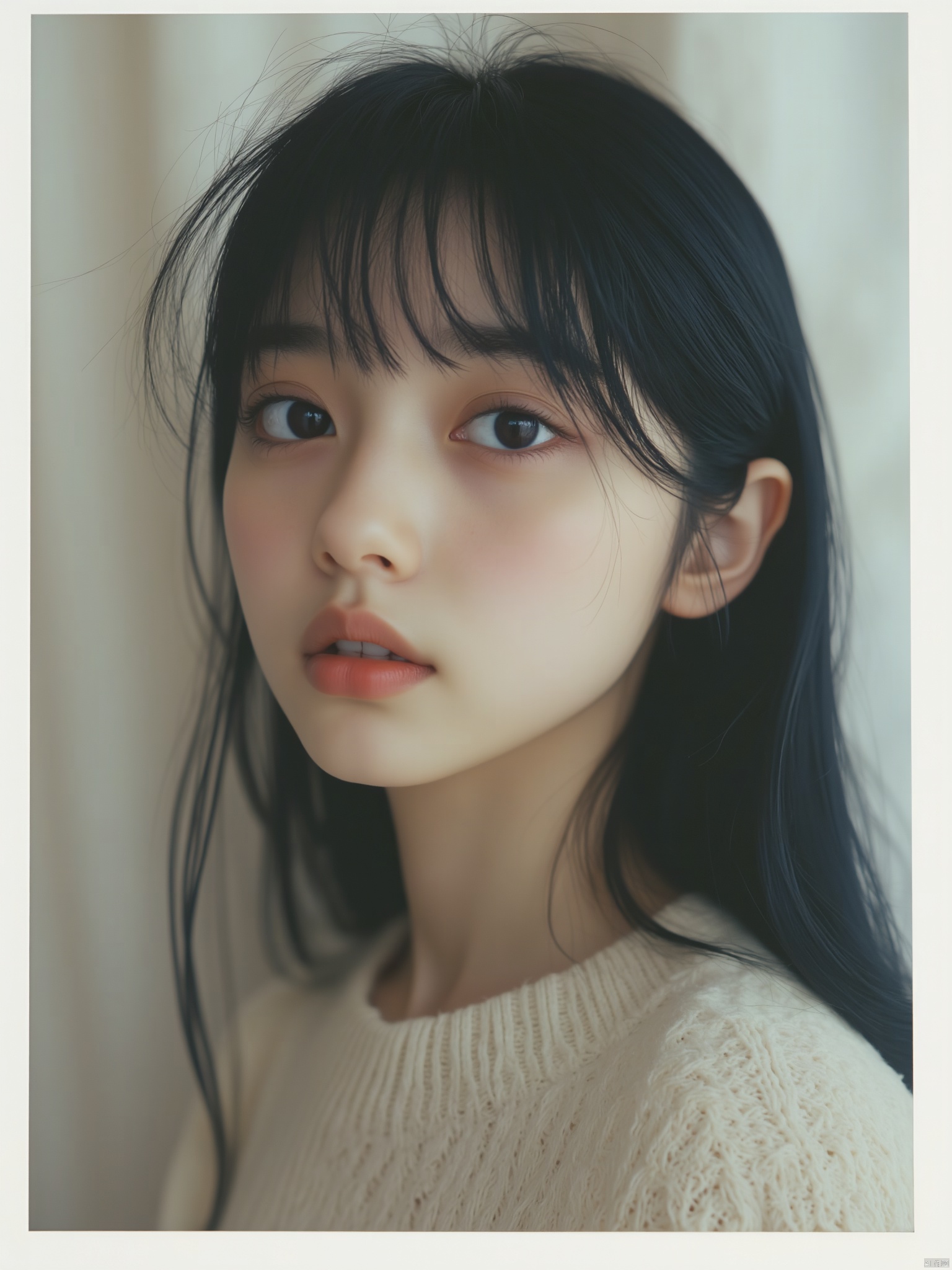 OBbllai, A close-up portrait of a young Asian girl with dark brown eyes and long black hair. She is wearing a white sweater with a light pink lip. Her hair is pulled back and cascades over her shoulders. The backdrop is a creamy white wall.