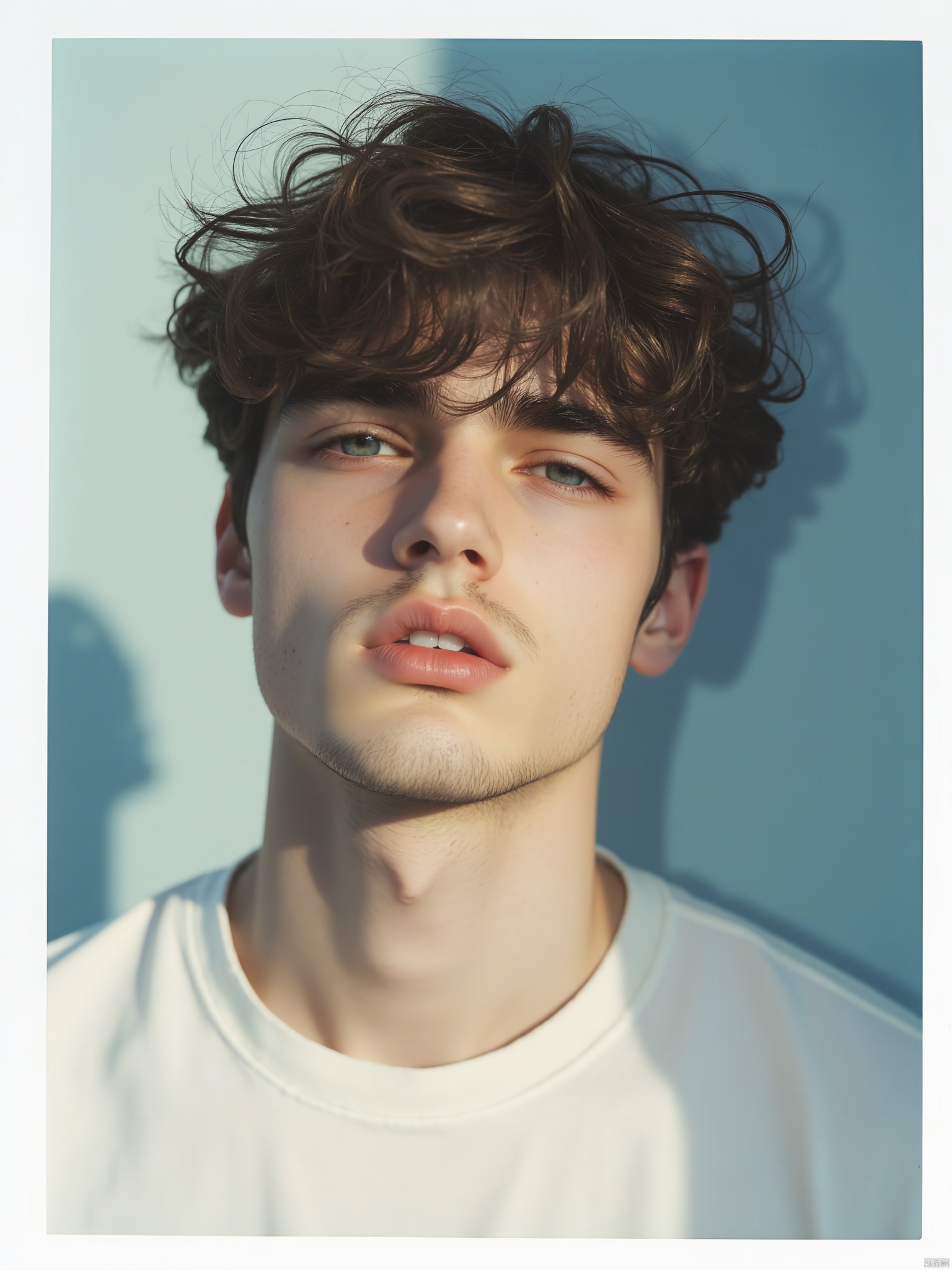 OBbllai, a close-up shot of a young man's face is featured in a stark white t-shirt. The man's hair is a mix of brown and black
and his eyes are a piercing blue. His eyebrows are a darker shade of brown
and he has a slight smile on his face. His lips are a lighter shade of pink
with a slight smirk. The backdrop is a light blue
and the man's shadow is cast on the left side of the frame.