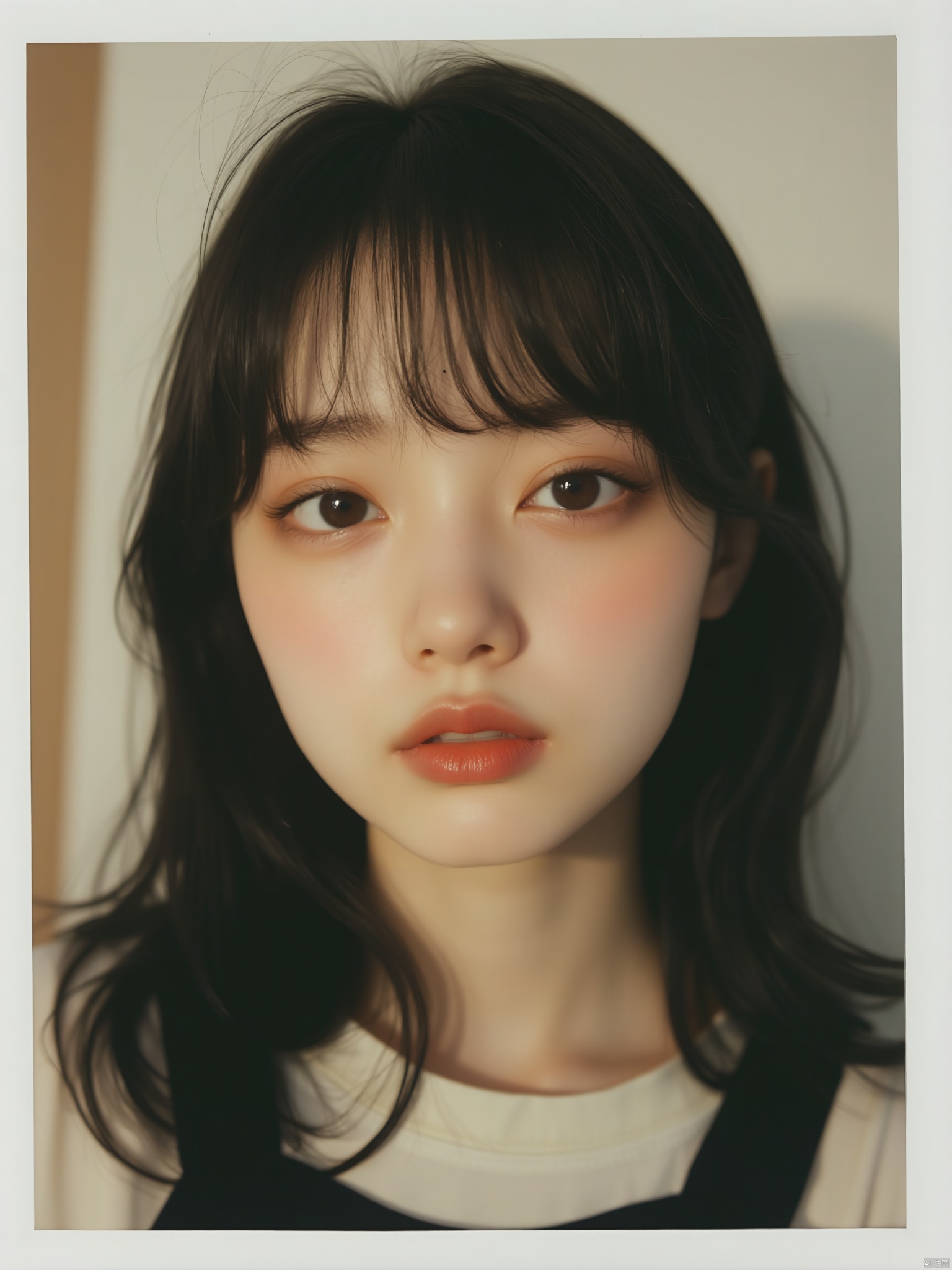 OBbllai,A close-up portrait of a young Asian woman with dark brown eyes. Her hair is long and cascades down her shoulders. She is wearing a white shirt with a black collar. Her lips are painted a vibrant shade of red. Her eyebrows are a light brown color. Her eyes are a darker brown. She has a slight smile on her face. The backdrop is a creamy white wall.