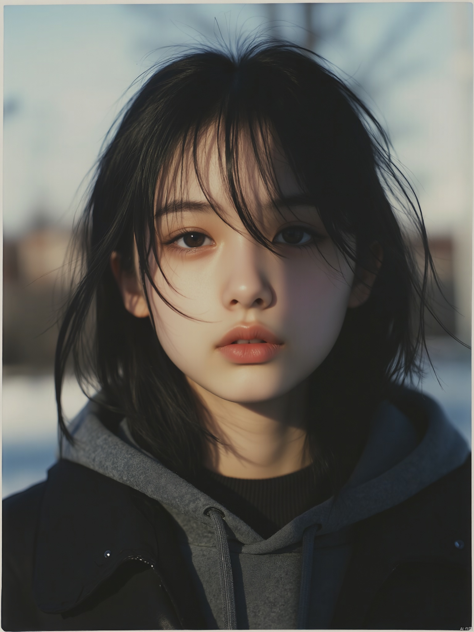 OBbllai, A close-up portrait of a young Asian girl with dark brown eyes and dark brown hair. She is wearing a black jacket with a gray hoodie over it. Her hair is pulled back and cascades over her shoulders. The backdrop is blurred
creating a soft focus on the girl's face.