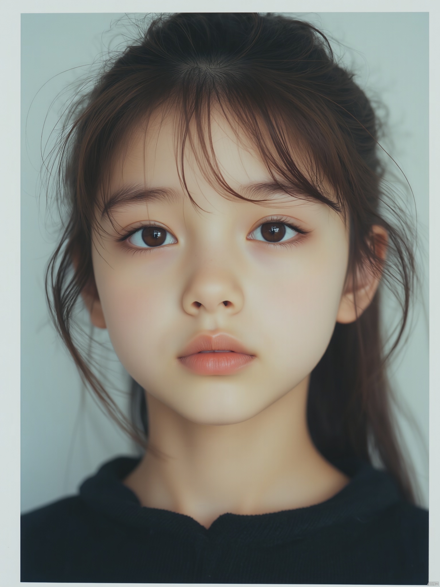 OBbllai, A close-up portrait of a young girl with brown eyes and brown hair. The girl's hair is pulled back in a ponytail. She is wearing a black t-shirt with a collar. Her lips are a lighter shade of pink. Her eyebrows are a light brown color. Her eyes are a darker shade of brown. The backdrop is a light blue color.
