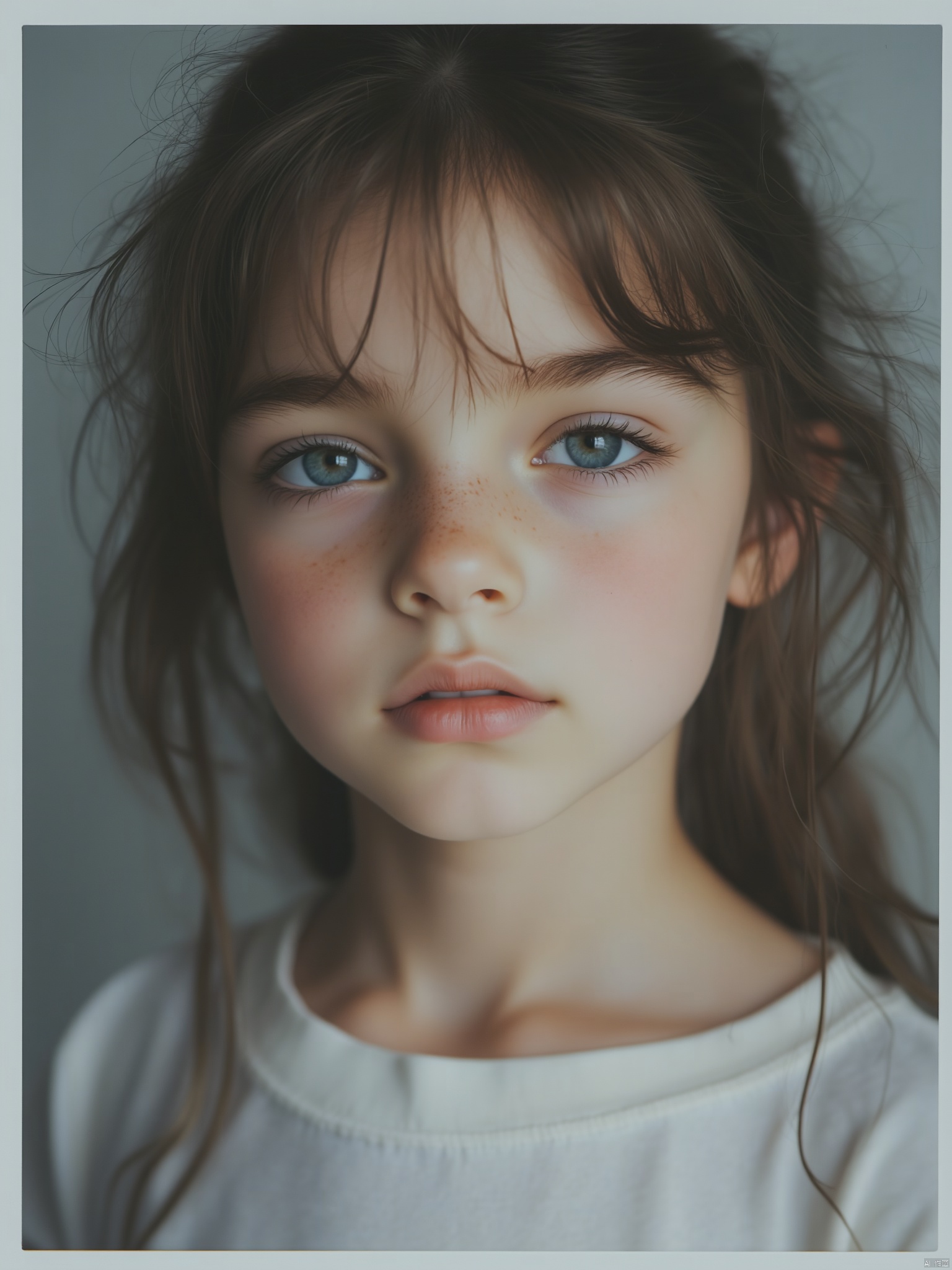 OBbllai, A close-up portrait of a young girl with brown hair and blue eyes. Her eyes are a piercing blue and her lips are a lighter shade of pink. Her eyebrows are a darker shade of brown. Her hair is long and cascades over her shoulders. She is wearing a white t-shirt with a white collar. The background behind her is a soft gray color.