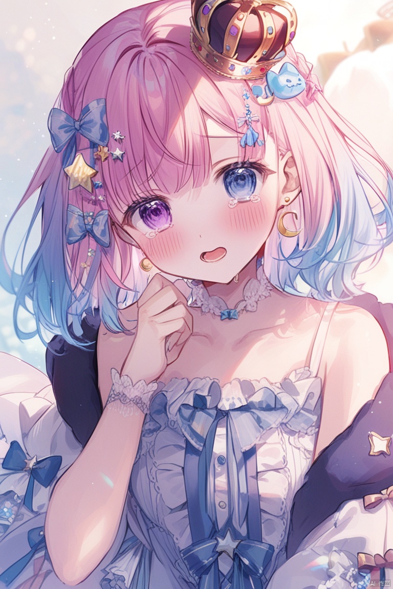 1girl, solo, looking at viewer, blush, short hair, open mouth, bangs, blue eyes, hair ornament, long sleeves, dress, bare shoulders, jewelry, blue hair, purple eyes, collarbone, jacket, pink hair, braid, multicolored hair, earrings, frills, virtual youtuber, tears, off shoulder, star \(symbol\), white dress, gradient hair, heterochromia, crying, crown, crescent, star hair ornament, mini crown, crescent earrings, candy hair ornament, himemori luna