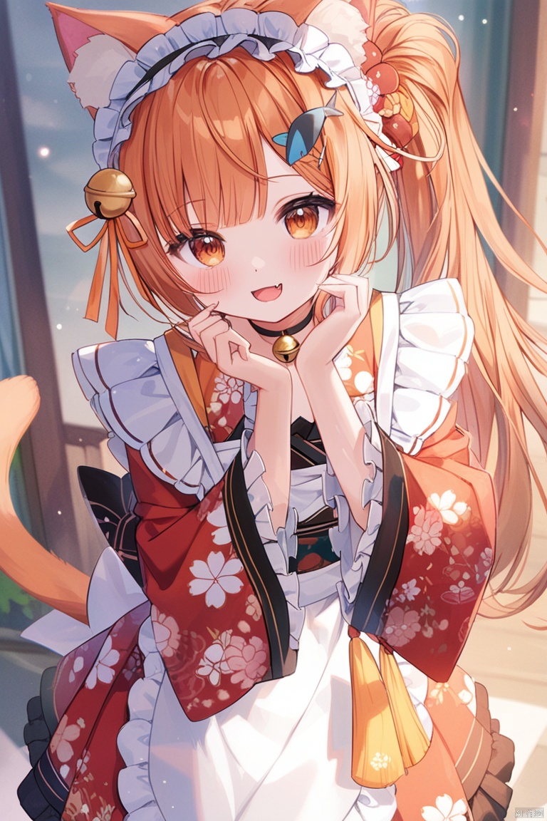 1girl, solo, long hair, looking at viewer, blush, smile, open mouth, bangs, hair ornament, long sleeves, ribbon, holding, animal ears, jewelry, standing, tail, hair ribbon, :d, cowboy shot, hairband, frills, food, japanese clothes, choker, hairclip, fang, cat ears, wide sleeves, kimono, orange hair, apron, side ponytail, cat tail, orange eyes, animal ear fluff, hands up, maid headdress, bell, black choker, floral print, cat girl, white apron, jingle bell, neck bell, maid apron, frilled apron, food-themed hair ornament, red kimono, frilled hairband, orange ribbon, wa maid, frilled kimono, orange kimono, fish hair ornament