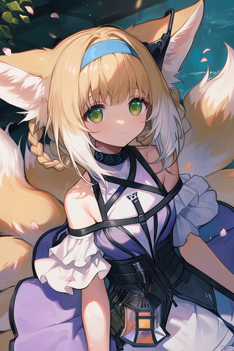 tail, fox_tail, fox_ears, 1girl, animal_ears, suzuran_\(arknights\), fox_girl, petals, braid, multiple_tails, hairband, solo, gloves, looking_at_viewer, blue_hairband, kyuubi, bare_shoulders, green_eyes