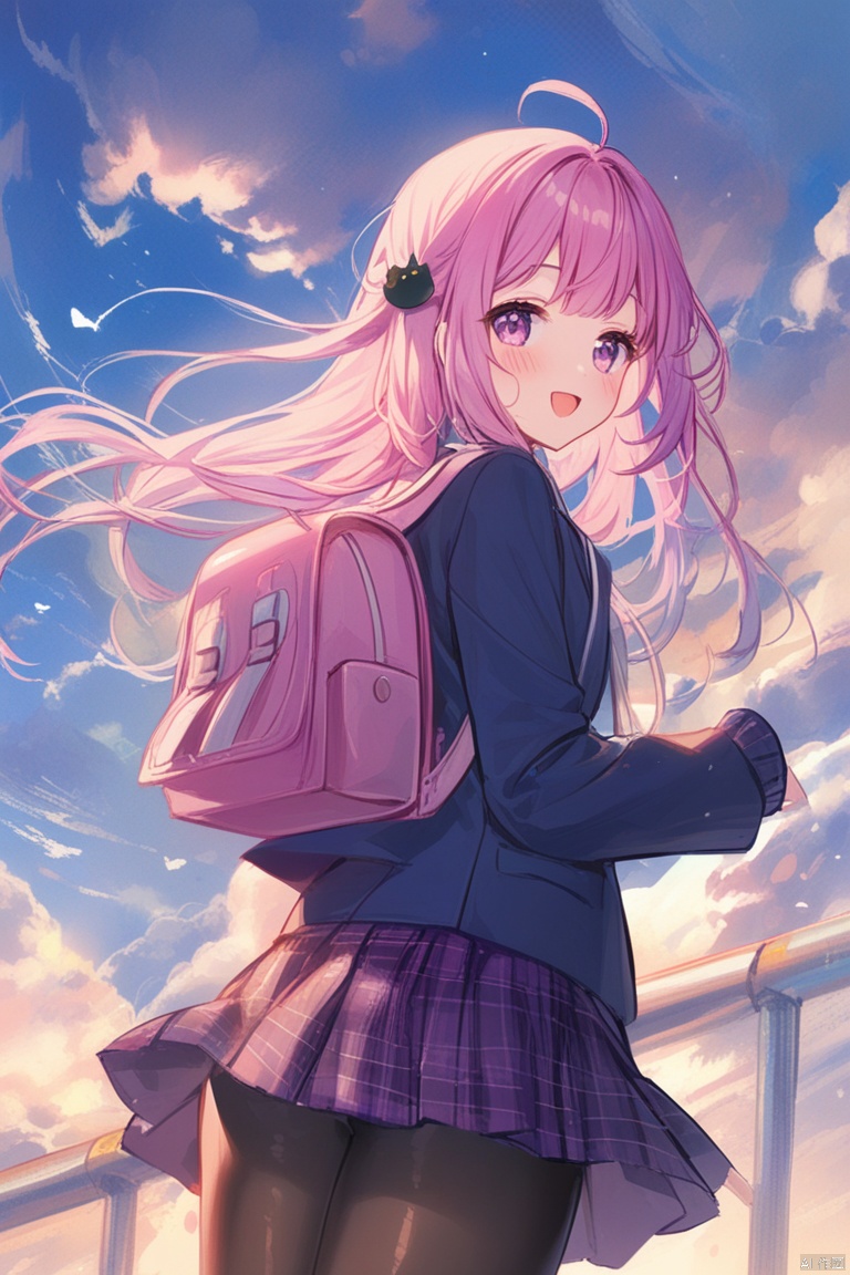 1girl, solo, long hair, looking at viewer, blush, smile, open mouth, bangs, skirt, hair ornament, long sleeves, school uniform, purple eyes, jacket, pink hair, ahoge, :d, pantyhose, cowboy shot, pleated skirt, open clothes, sky, looking back, cloud, pink eyes, bag, from behind, sweater, open jacket, sleeves past wrists, plaid, black pantyhose, bird, plaid skirt, blazer, backpack, purple skirt, cat hair ornament