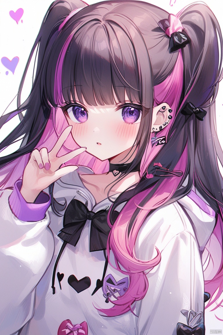 1girl, solo, long hair, looking at viewer, blush, bangs, black hair, long sleeves, white background, bow, jewelry, purple eyes, collarbone, upper body, pink hair, purple hair, heart, sidelocks, multicolored hair, earrings, parted lips, choker, hand up, hood, blunt bangs, bowtie, two-tone hair, two side up, v, hoodie, black bow, black choker, piercing, hood down, ear piercing, black bowtie, colored inner hair, white hoodie